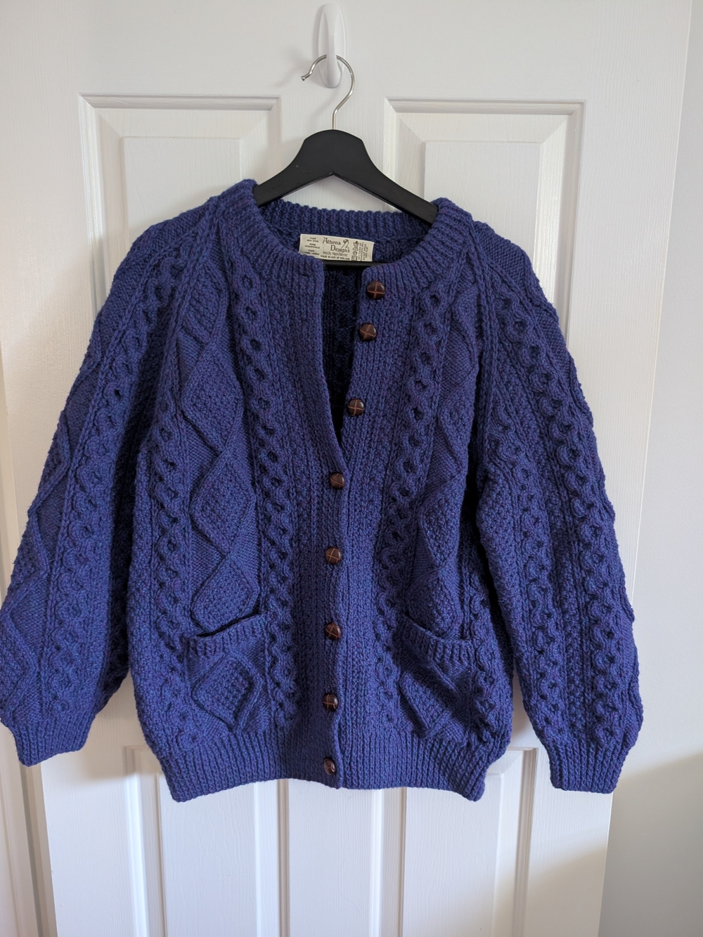 Athena Designs Irish Fisherman Sweater Deep Purple/Blue Cable Knit Pure Wool M - Picture 1 of 8